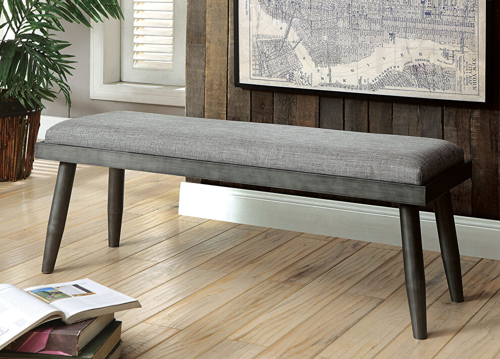 Mid-century design gray linen-like fabric bench by Furniture of America