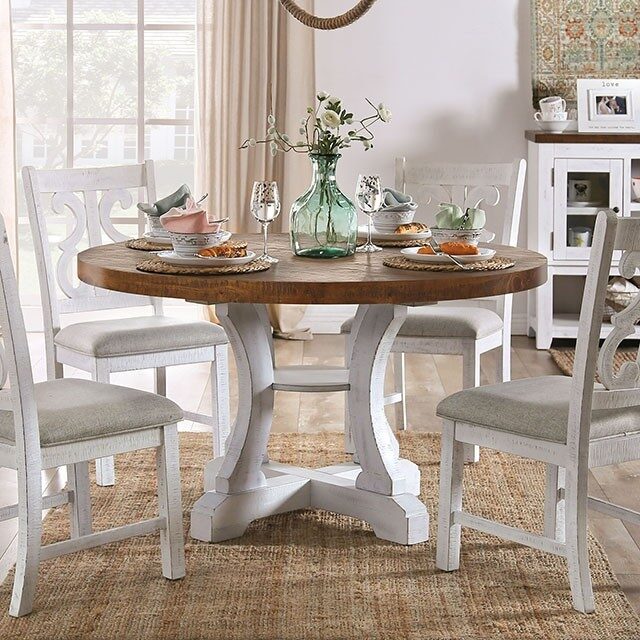 Pedestal base and wood grain top round dining table by Furniture of America