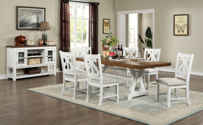 Trestle base and wood grain top dining table by Furniture of America