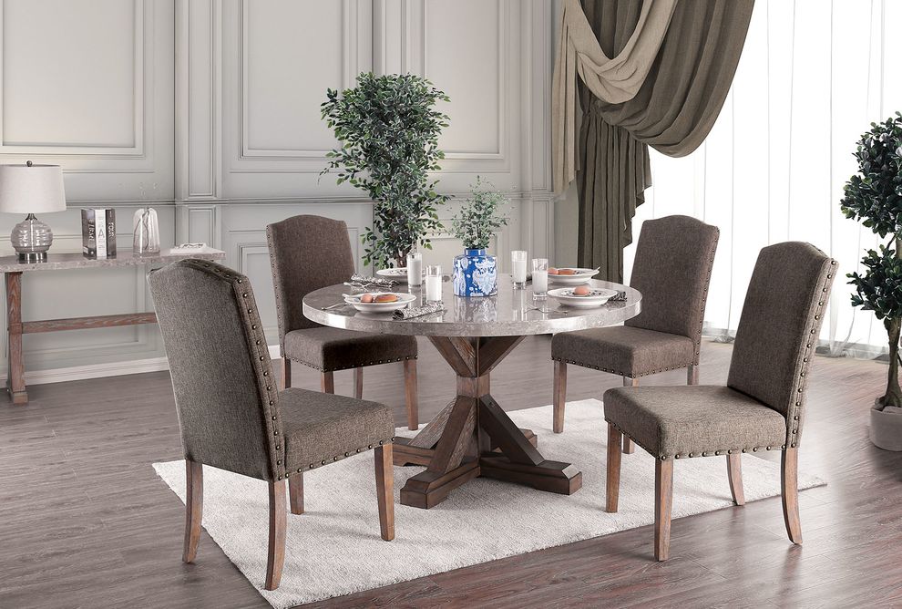 Gray natural marble top round dining table by Furniture of America