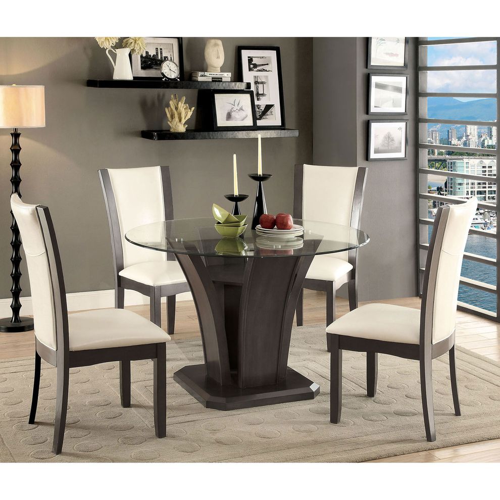 Glass top round gray base dining table by Furniture of America