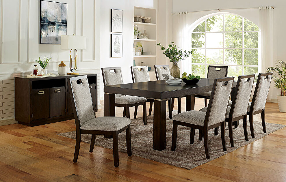 Dark walnut and beige finish family size dining table by Furniture of America