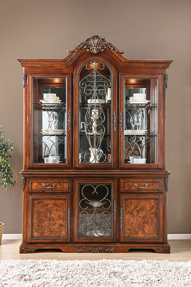Traditional brown cherry formal hutch & buffet by Furniture of America