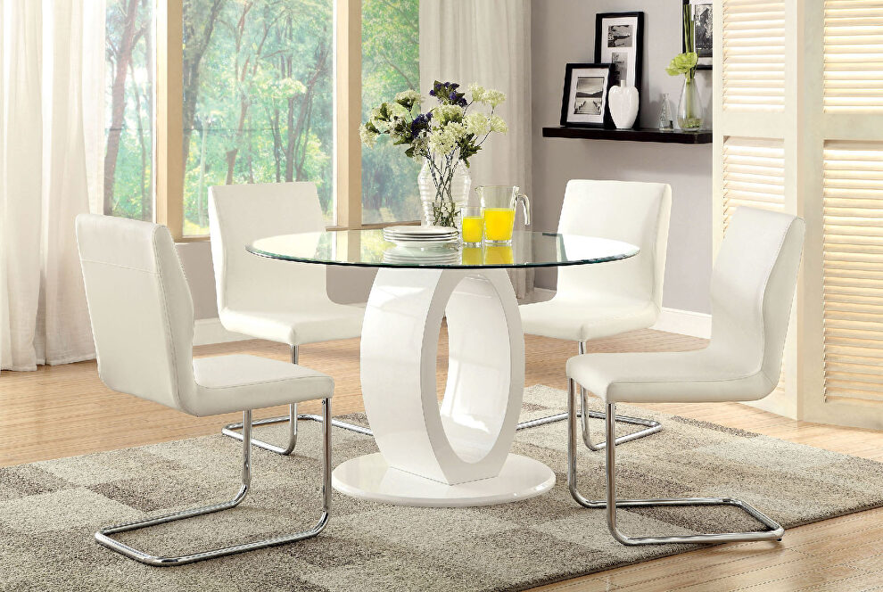 White finish/ glass top contemporary round table by Furniture of America