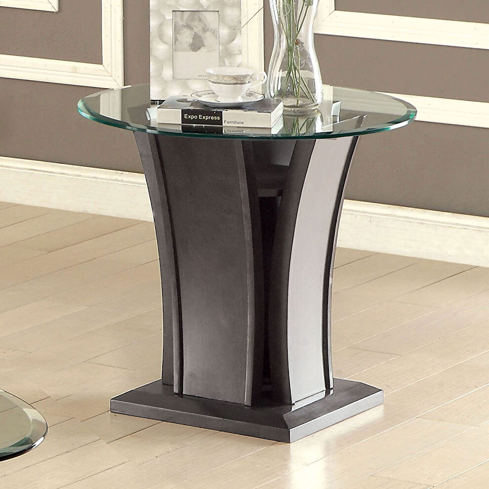 Glass round table top and unique flared base end table by Furniture of America