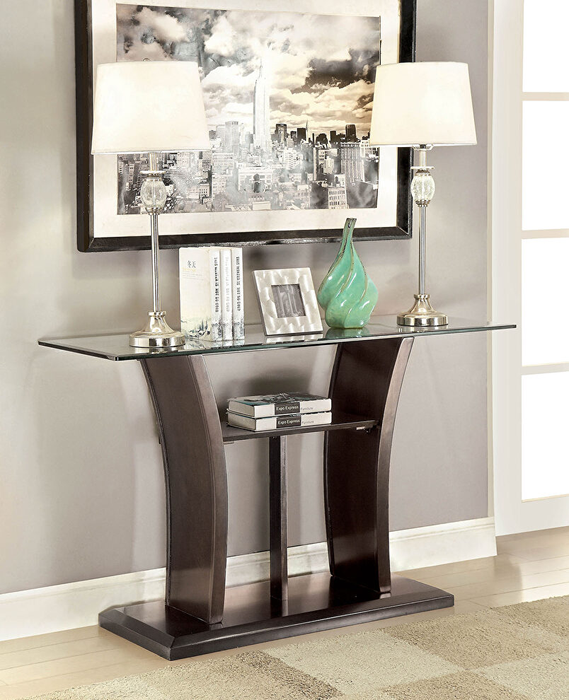 Glass table top and unique flared base sofa table by Furniture of America