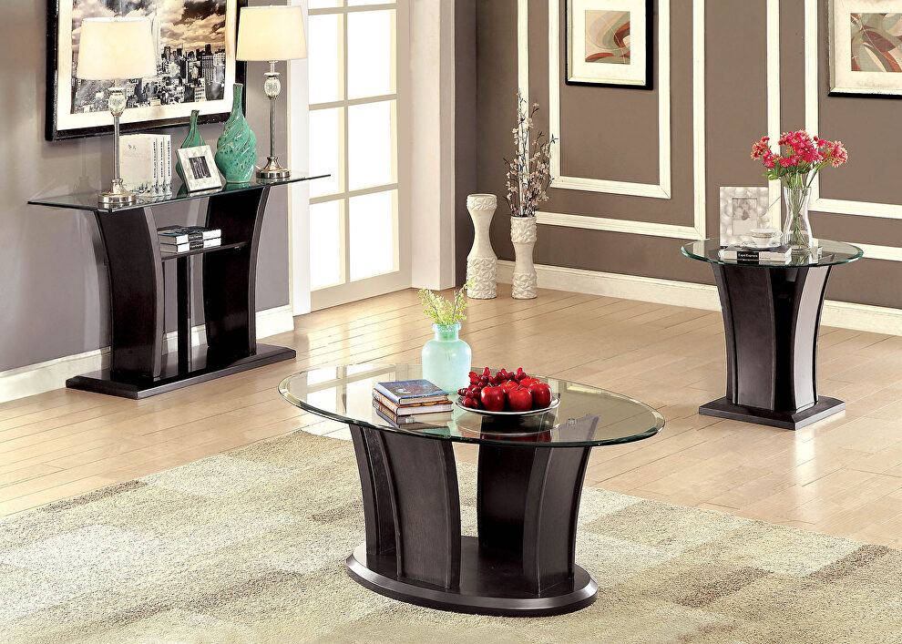 Glass round table top and unique flared base coffee table by Furniture of America