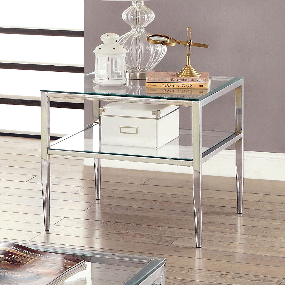 Chrome / glass end table w/ open shelf design by Furniture of America