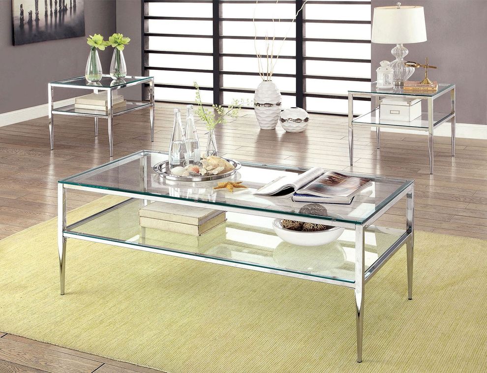 Chrome / Glass Coffee Table w/ Open Shelf Design by Furniture of America
