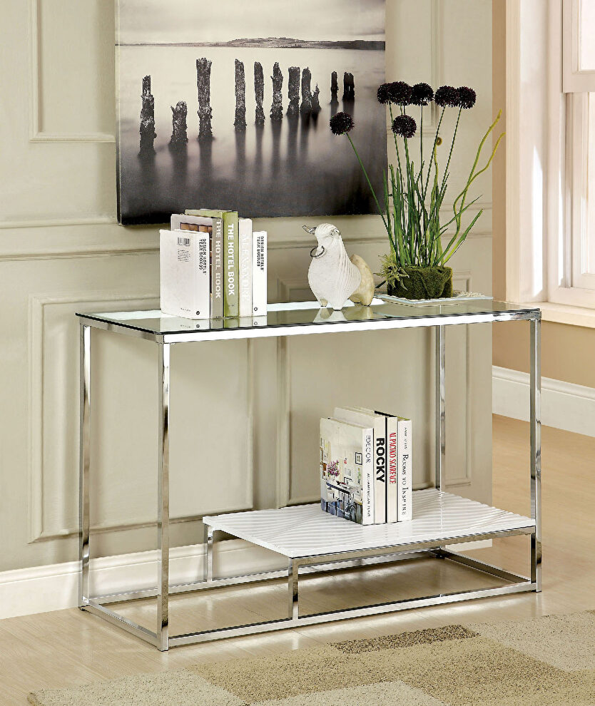 White/chrome/glass contemporary sofa table by Furniture of America