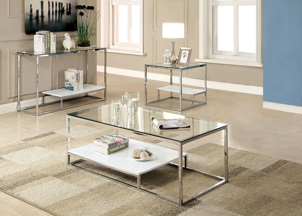 White/chrome/glass contemporary coffee table by Furniture of America