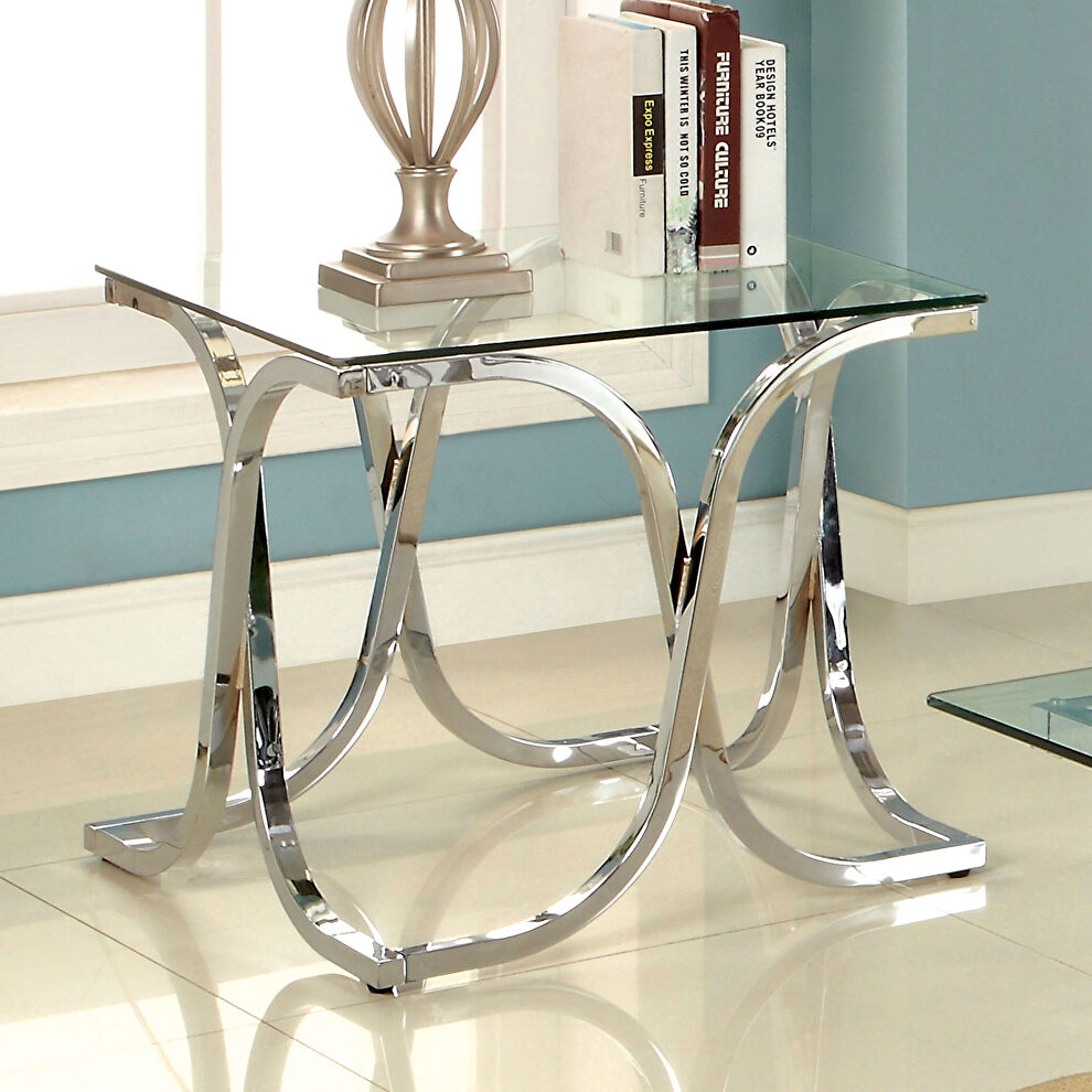 Chrome contemporary end table w/ x-shaped base by Furniture of America