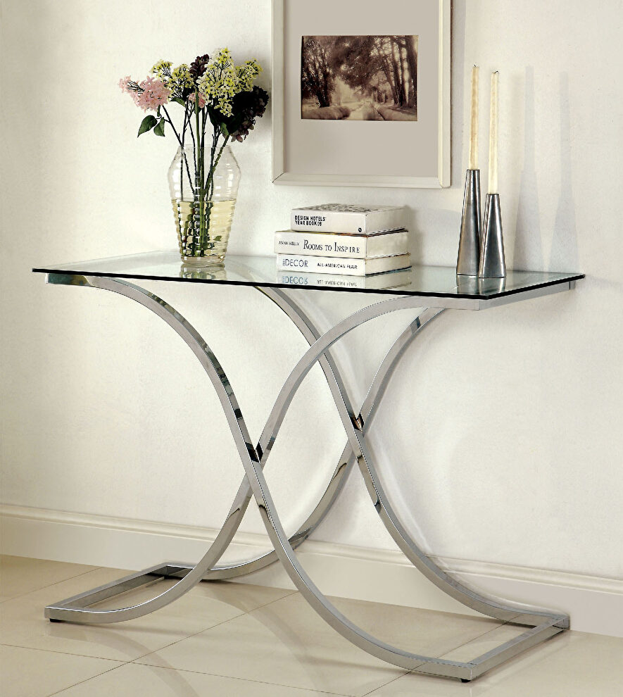 Chrome contemporary sofa table w/ x-shaped base by Furniture of America