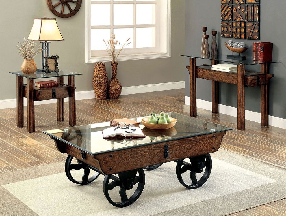 Industrial style oak / glass / metal coffee table by Furniture of America