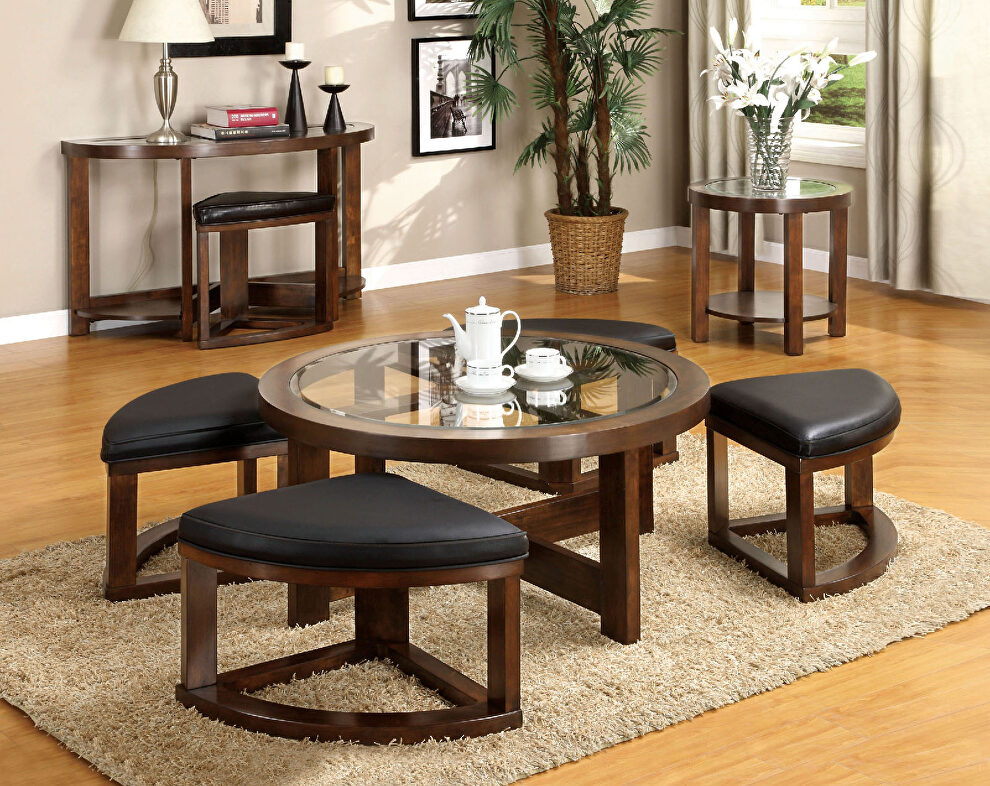 Dark walnut transitional round coffee table w/ 4 stools by Furniture of America