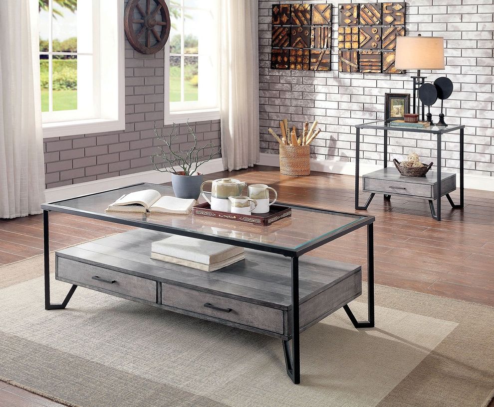 Gray/Black Industrial Glass Top Coffee Table by Furniture of America