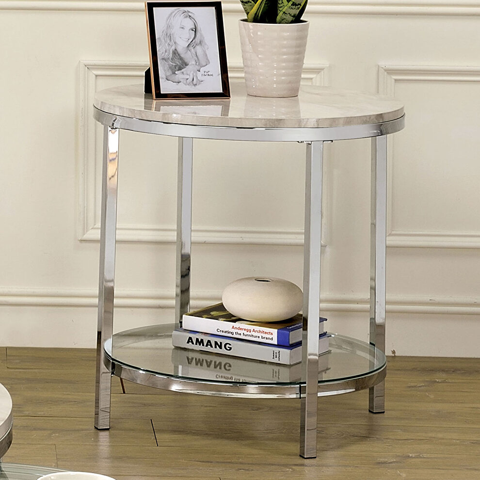 White and chrome metal construction end table by Furniture of America