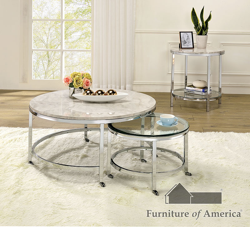 Two in one white and chrome metal construction coffee table by Furniture of America