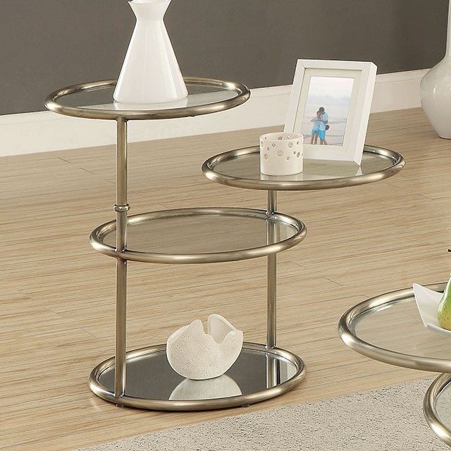 Tiered design round tempered glass tops end table by Furniture of America