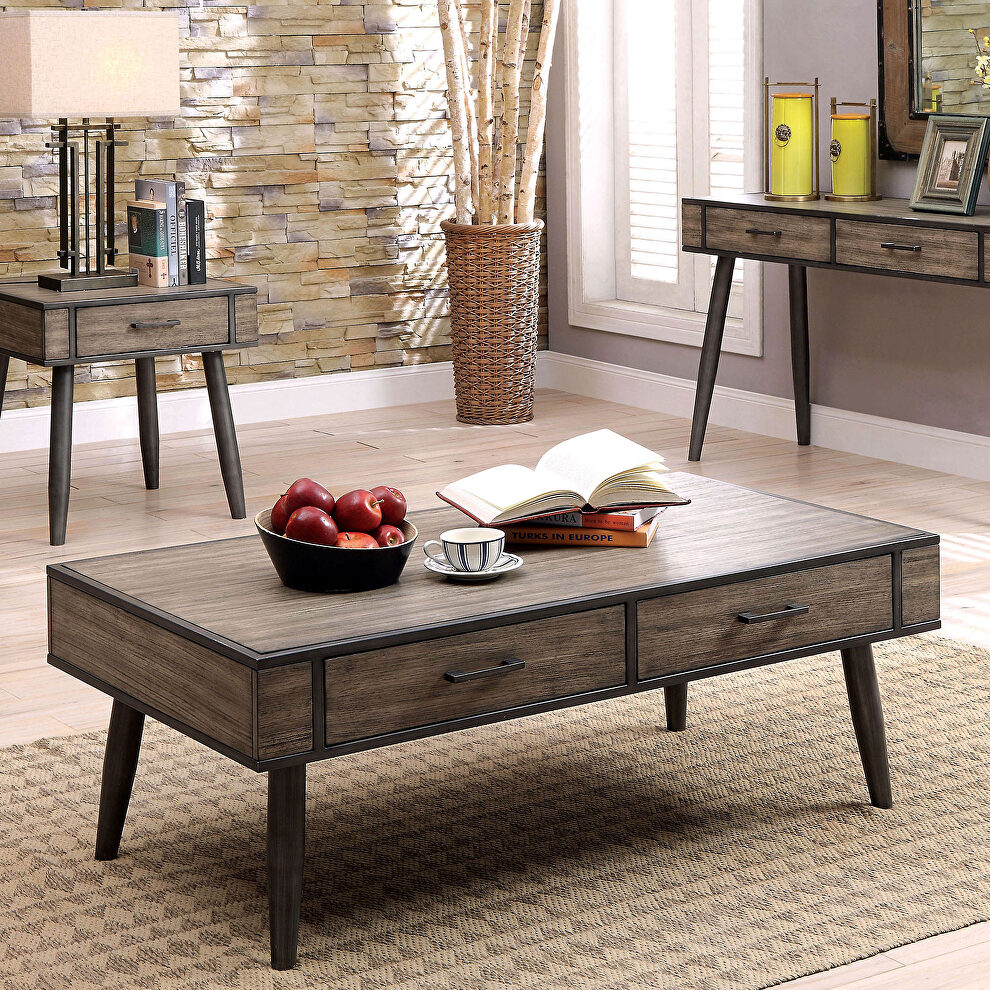 Metal frame gray finish and veneer panels coffee table by Furniture of America