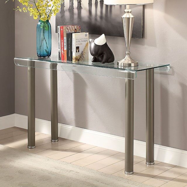 Accented with metal details glass top sofa table by Furniture of America