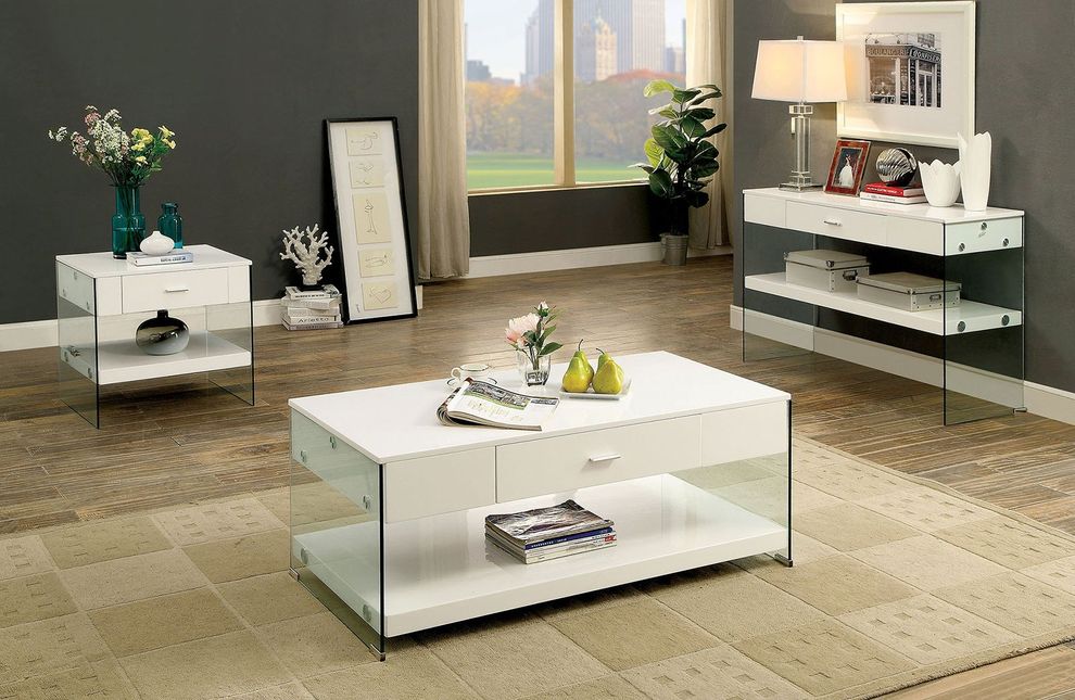White coffee table w/ drawer and glass legs by Furniture of America
