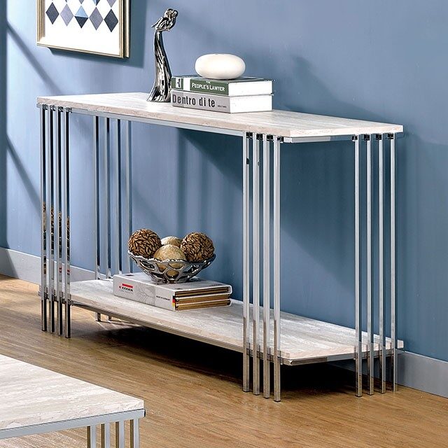 White/chrome finish contemporary sofa table by Furniture of America