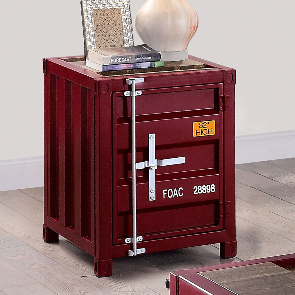 Container inspired design red metal construction end table by Furniture of America
