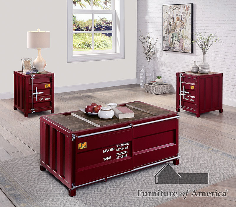 Container inspired design red metal construction coffee table by Furniture of America