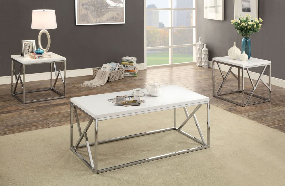White/chrome 3pcs contemporary coffee table set by Furniture of America