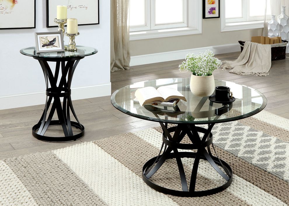 Round glass top / black base coffee table by Furniture of America