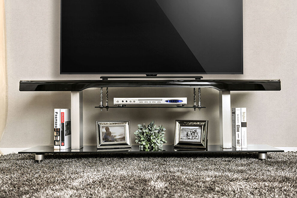 10mm black tempered glass shelves media stand by Furniture of America