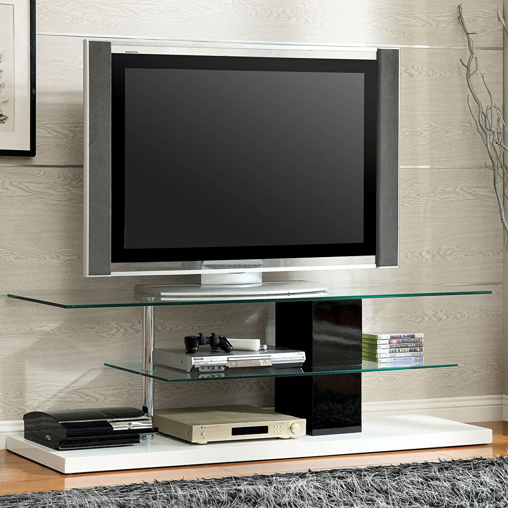 High gloss lacquer coating base / glass top TV stand by Furniture of America