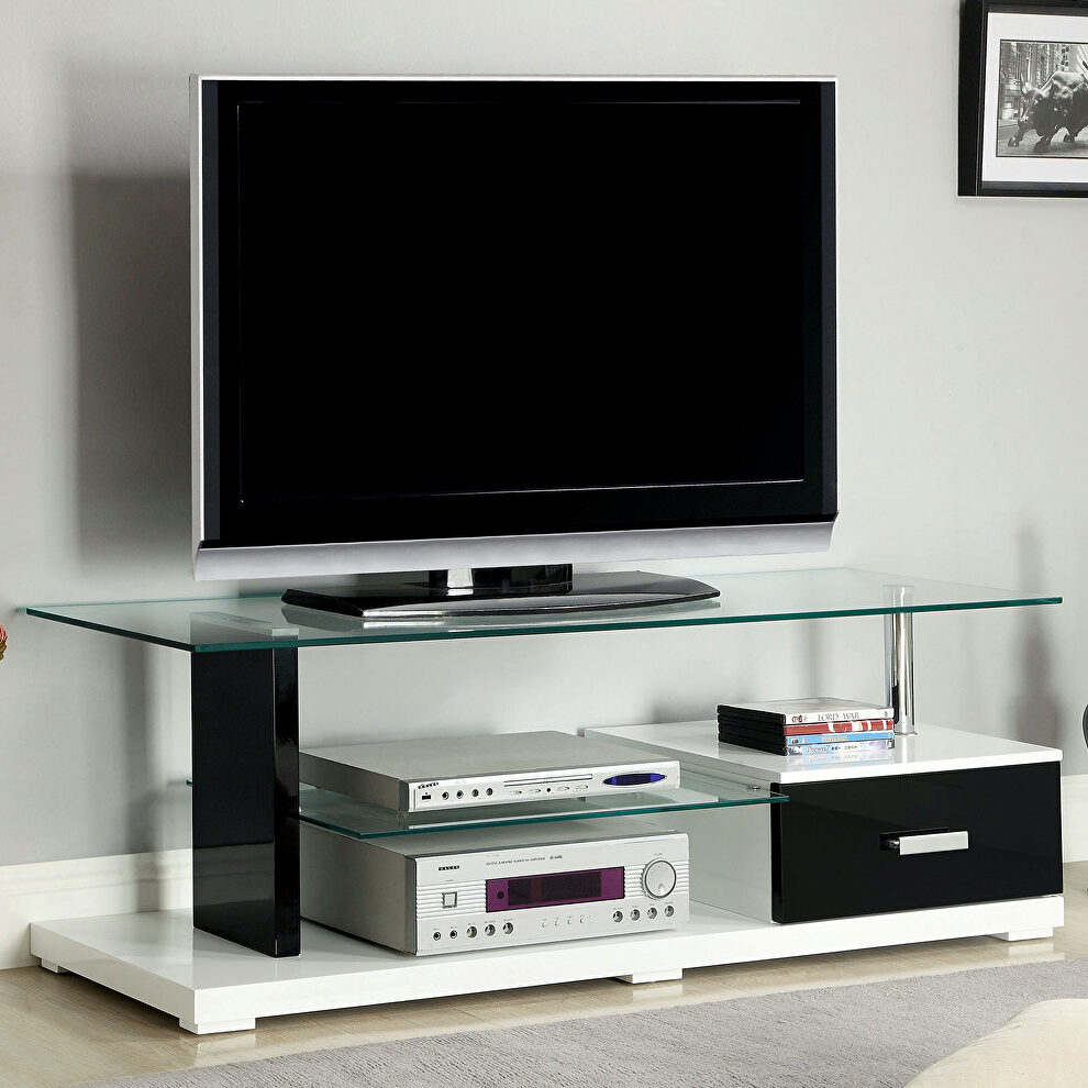 Black/white finish contemporary 55 TV console w/ tempered glass top by Furniture of America