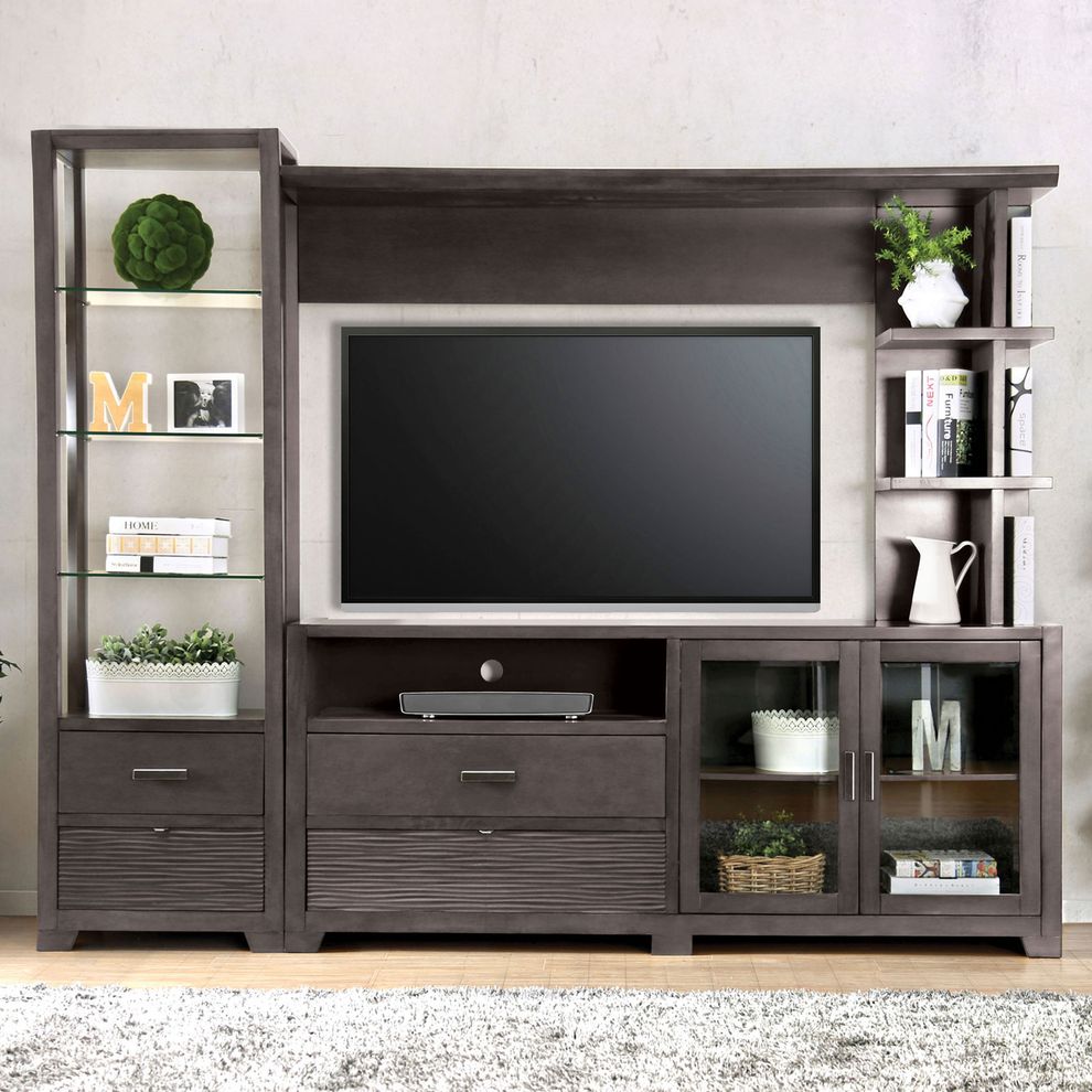 Gray transitional TV stand w/ optional tower + bridge by Furniture of America