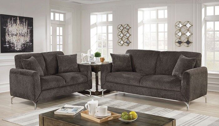 Touch of modernity and a visually striking silhouette linen-like fabric sofa by Furniture of America