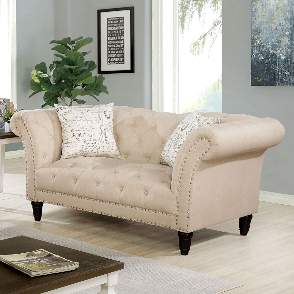 Soft beige linen fabric loveseat by Furniture of America