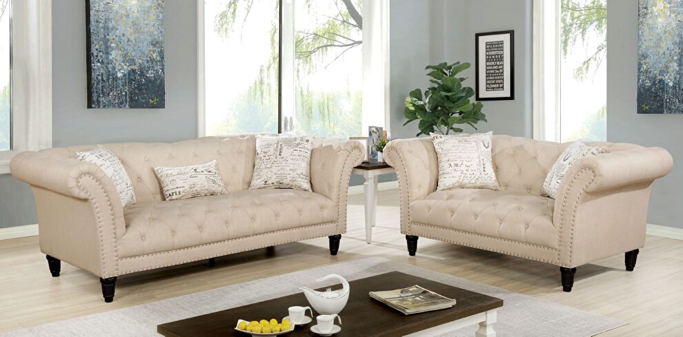 Soft beige linen fabric sofa by Furniture of America