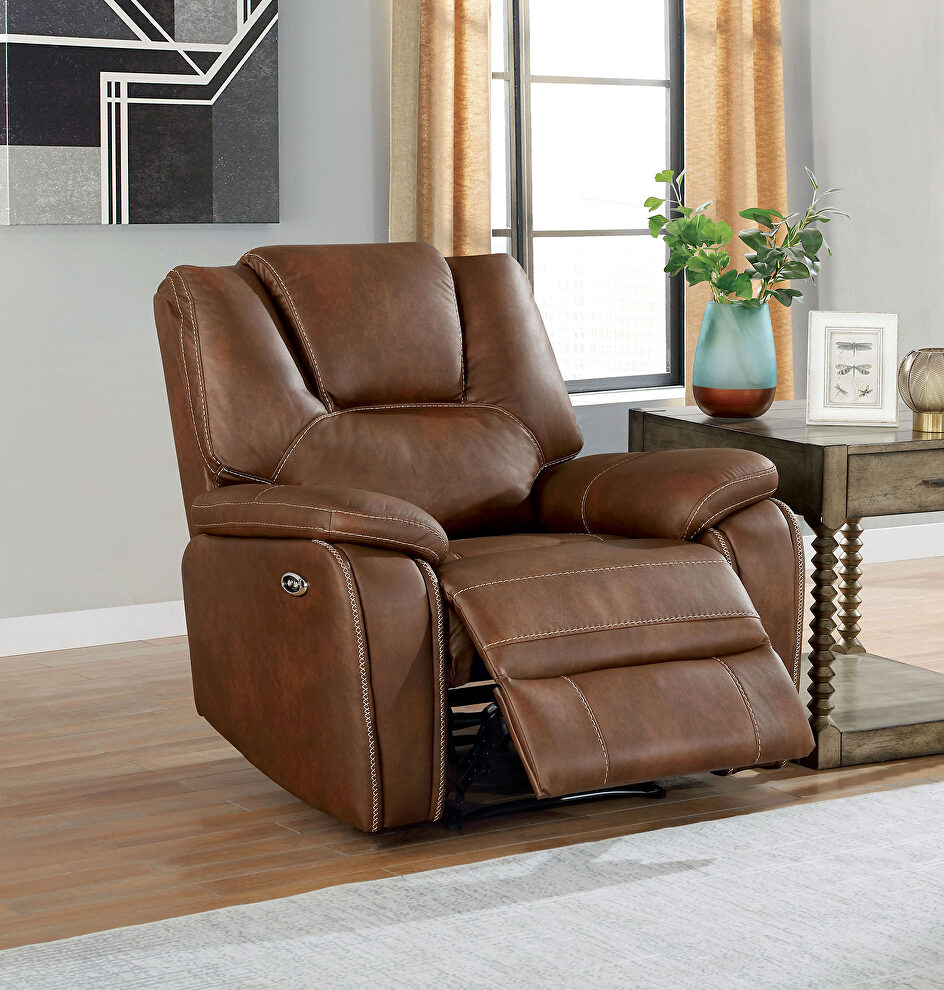 Dynamically upholstered brown faux-leather power recliner chair by Furniture of America