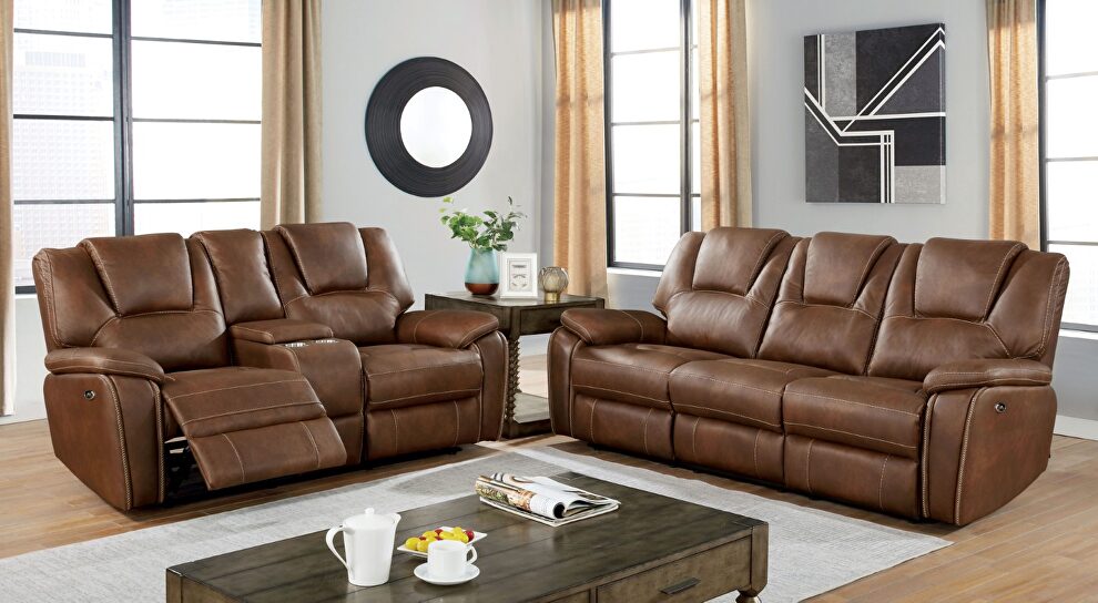 Dynamically upholstered brown faux-leather power recliner sofa by Furniture of America