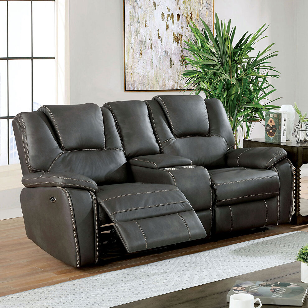Dynamically upholstered gray faux-leather power recliner loveseat by Furniture of America