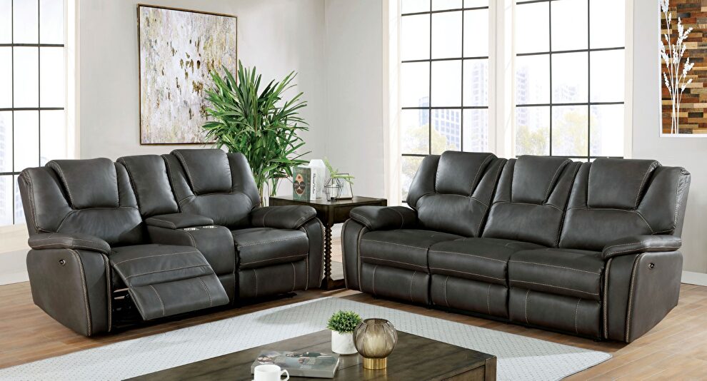Dynamically upholstered gray faux-leather power recliner sofa by Furniture of America