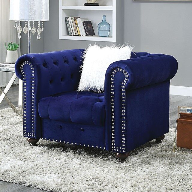 Button tufted blue velvet-like fabric chair by Furniture of America