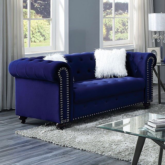 Button tufted blue velvet-like fabric loveseat by Furniture of America