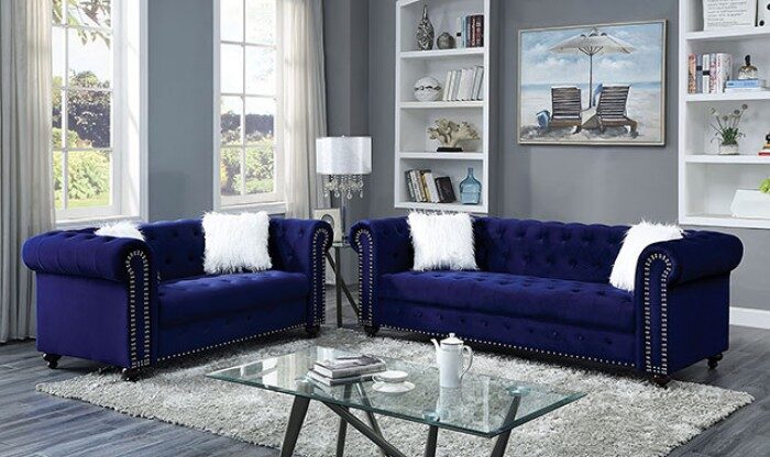 Button tufted blue velvet-like fabric sofa by Furniture of America