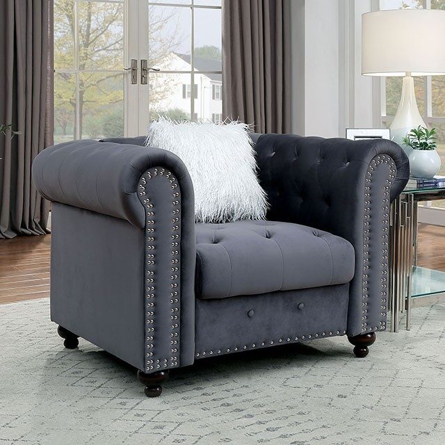 Button tufted gray velvet-like fabric chair by Furniture of America