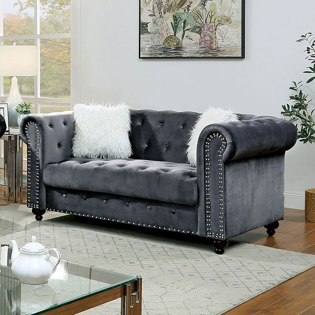 Button tufted gray velvet-like fabric loveseat by Furniture of America
