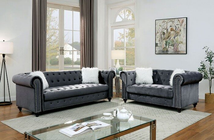 Button tufted gray velvet-like fabric sofa by Furniture of America