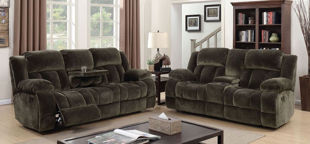 Brown Transitional Recliner Sofa w/ cup Holders by Furniture of America