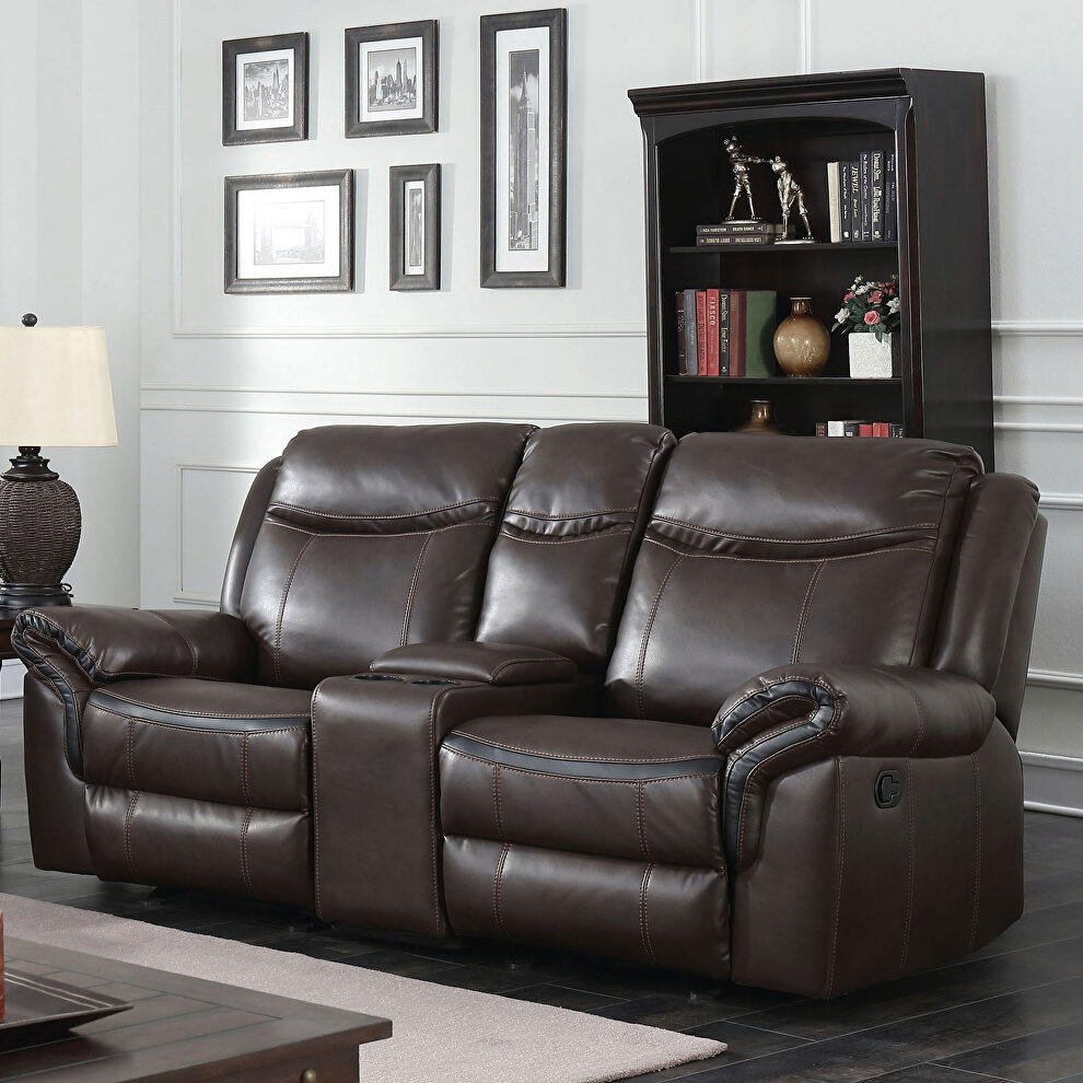 Brown breathable leatherette power recliner loveseat by Furniture of America